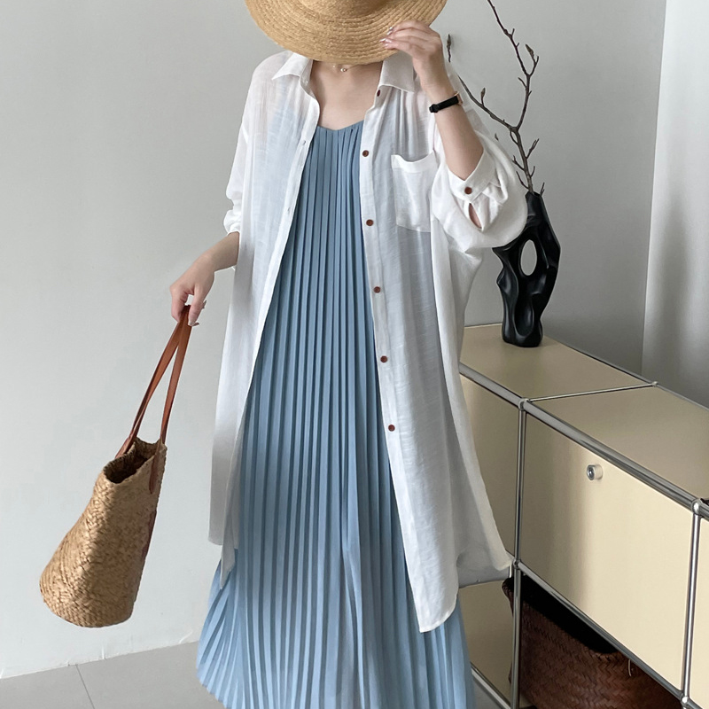 法式慵懶風寬鬆翻領微透長防曬開襟衫
