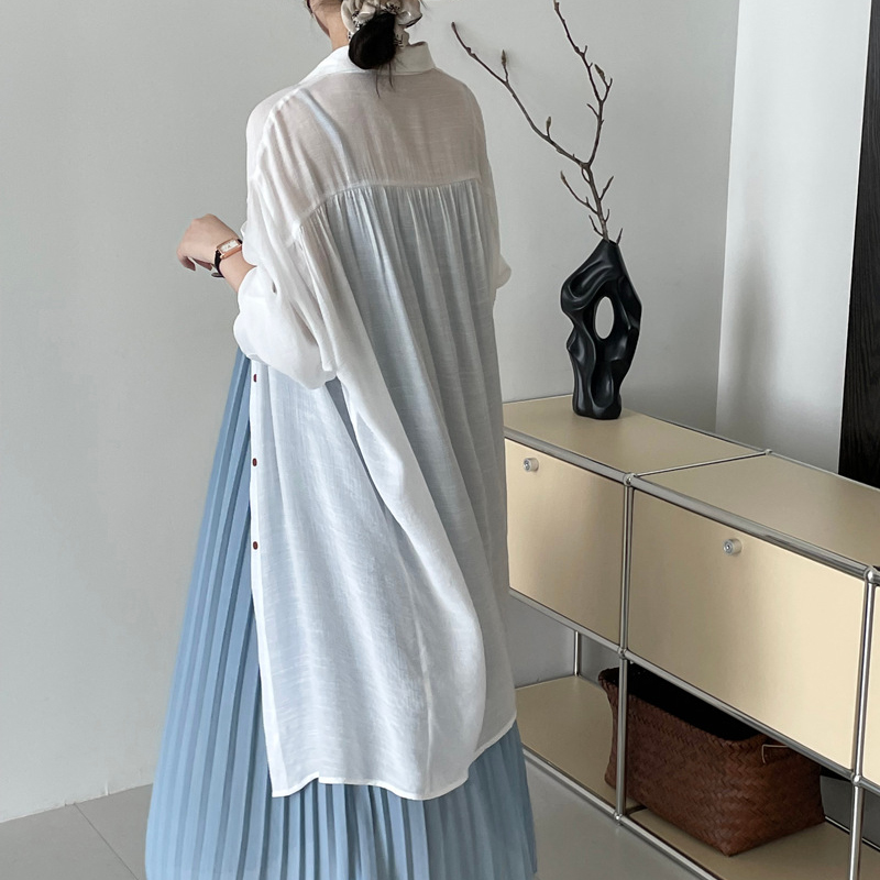 法式慵懶風寬鬆翻領微透長防曬開襟衫