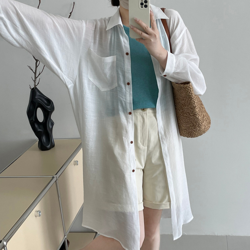 法式慵懶風寬鬆翻領微透長防曬開襟衫