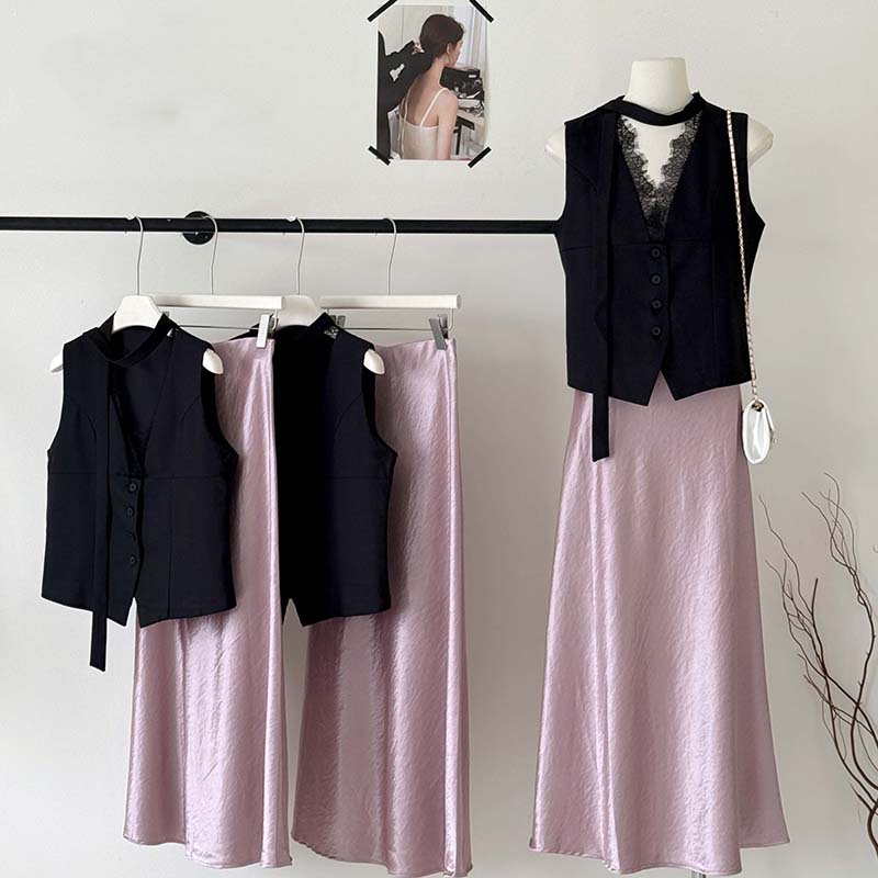 V領蕾絲無袖背心+紫色緞面魚尾裙套裝