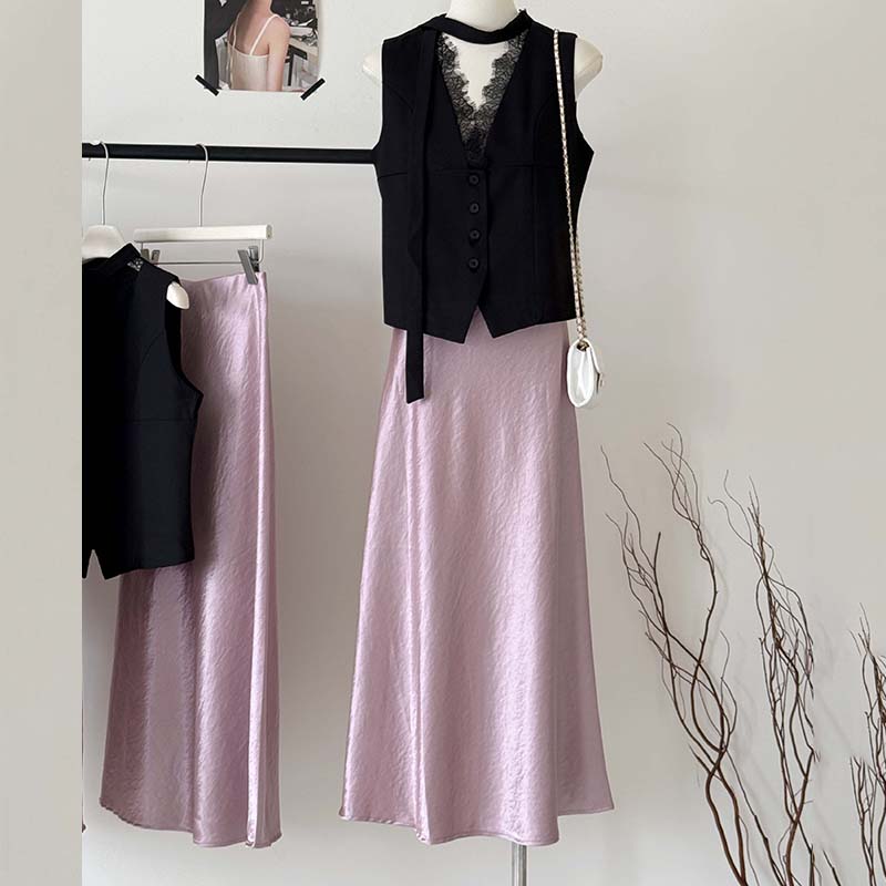 V領蕾絲無袖背心+紫色緞面魚尾裙套裝