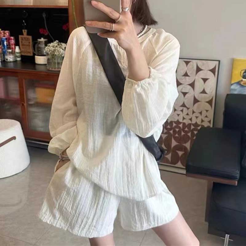 休閒舒適防曬襯衫+高腰寬褲套裝(4色）