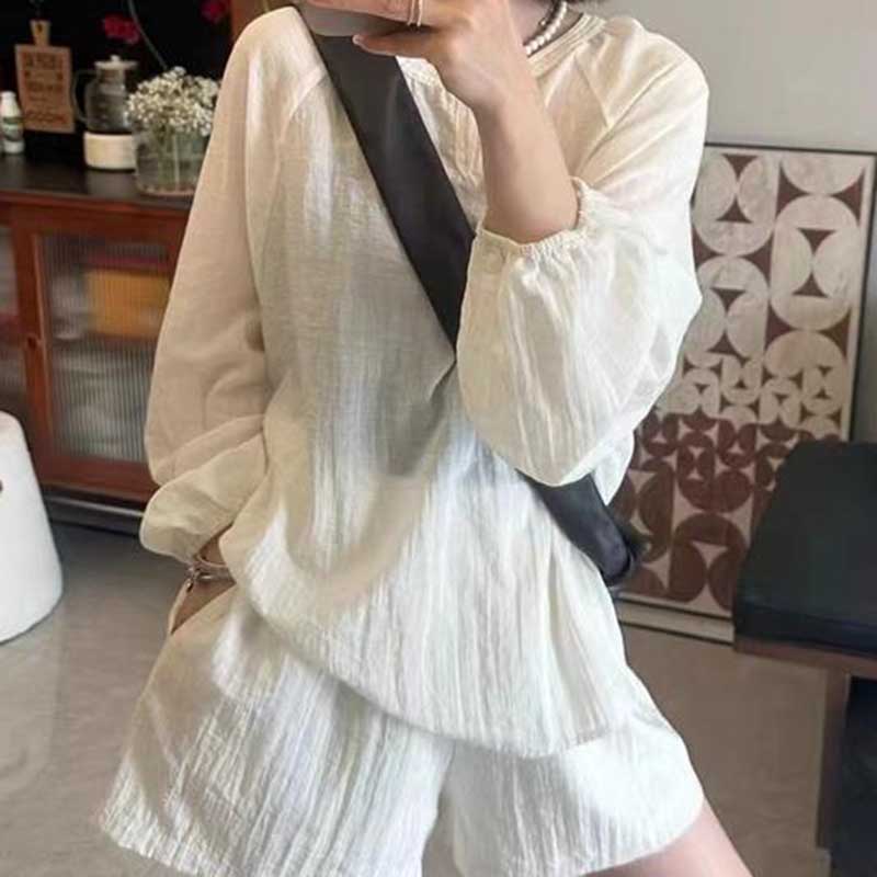 休閒舒適防曬襯衫+高腰寬褲套裝(4色）