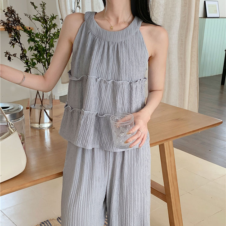 日系休閑掛脖花邊壓褶背心上衣+闊腿褲套裝（4色）