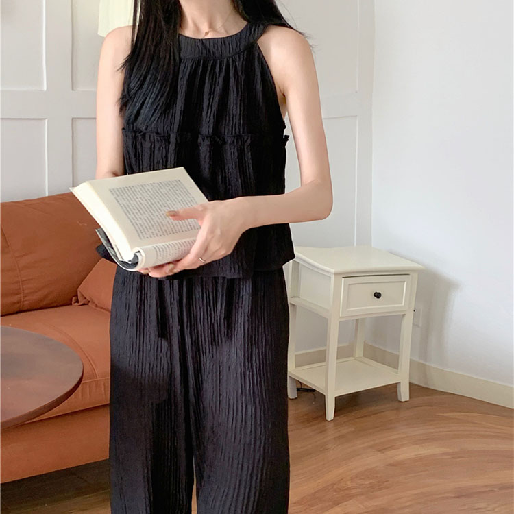 日系休閑掛脖花邊壓褶背心上衣+闊腿褲套裝（4色）