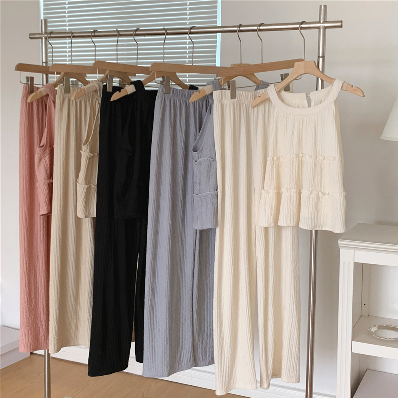 日系休閑掛脖花邊壓褶背心上衣+闊腿褲套裝（4色）