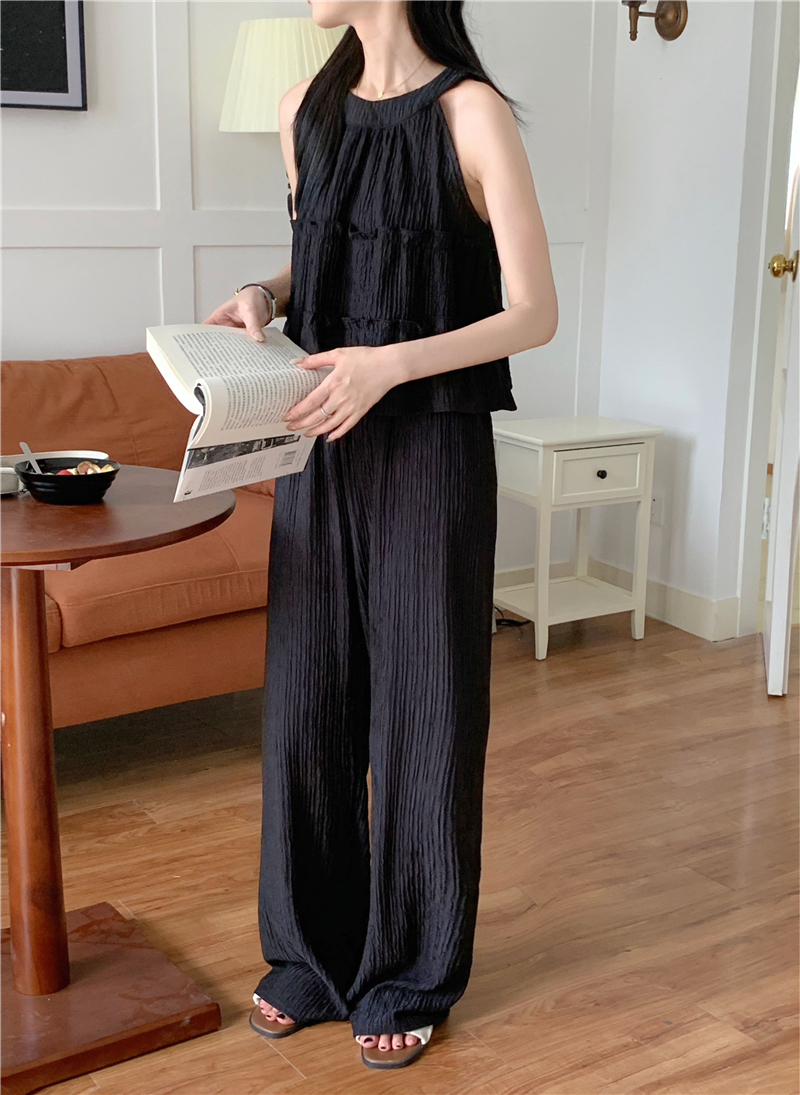 日系休閑掛脖花邊壓褶背心上衣+闊腿褲套裝（4色）