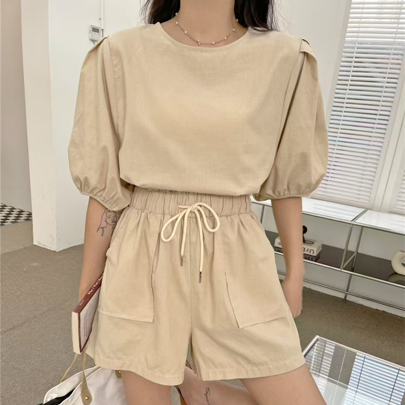 百搭鹽系套裝泡泡袖T卹+短褲兩件套裝（3色）