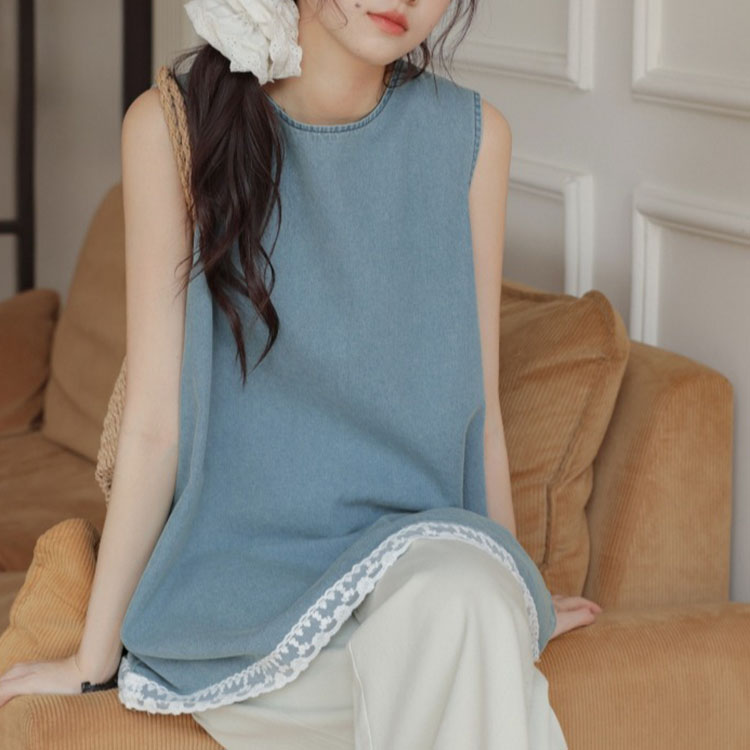 復古文藝蕾絲蕾絲無袖牛仔背心上衣