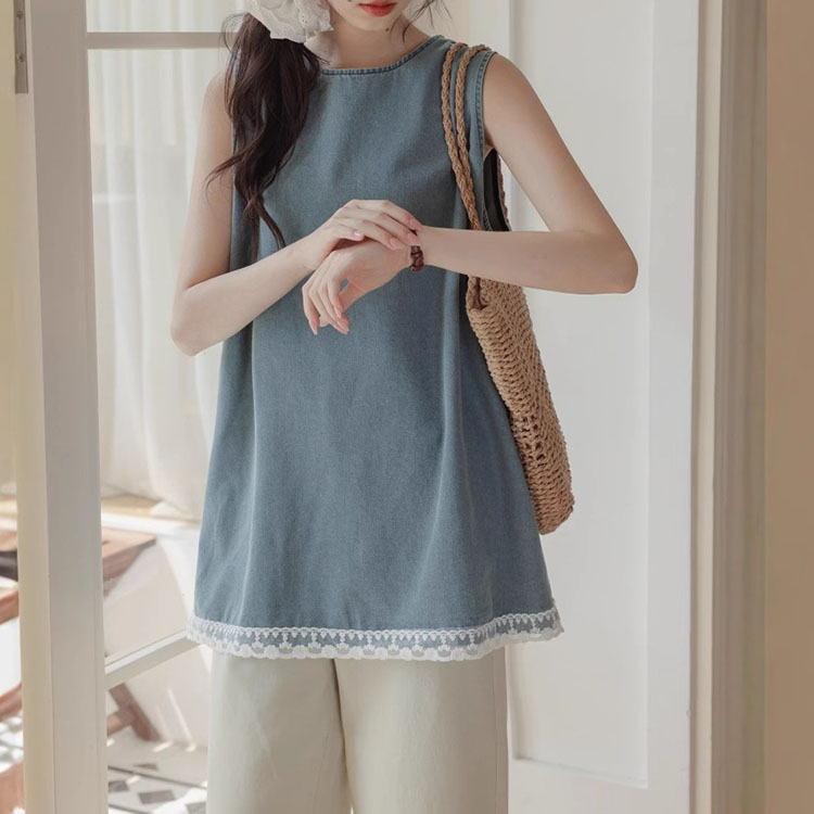 復古文藝蕾絲蕾絲無袖牛仔背心上衣