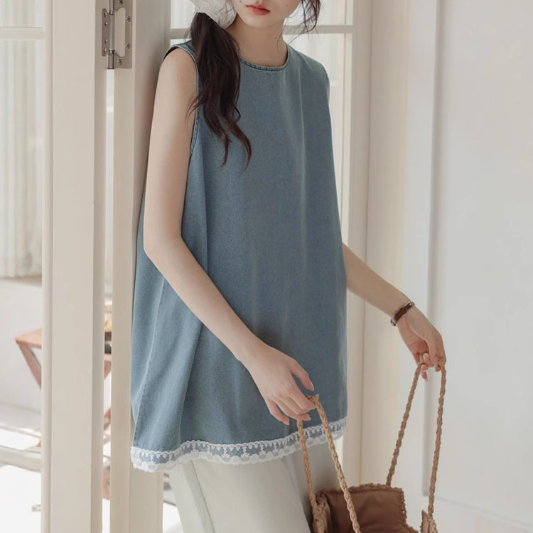復古文藝蕾絲蕾絲無袖牛仔背心上衣