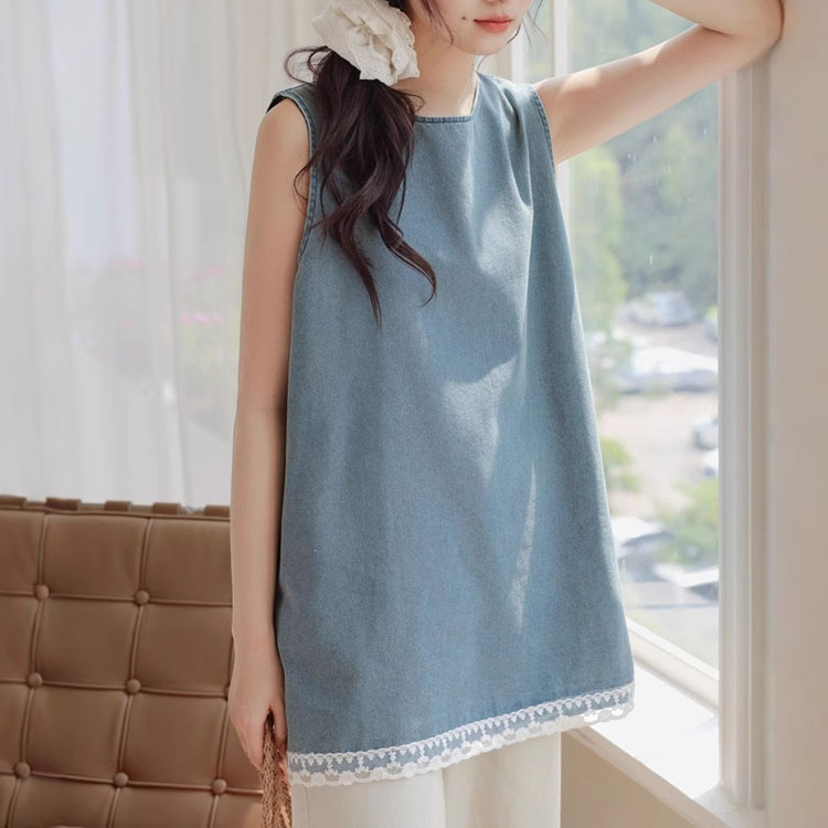 復古文藝蕾絲蕾絲無袖牛仔背心上衣