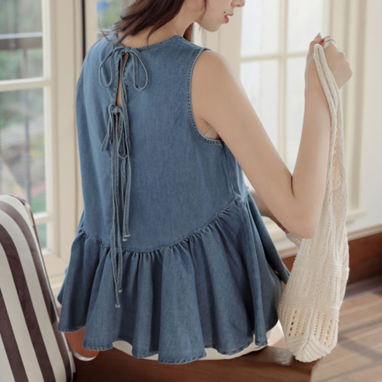 韓系ins風設計感背部繫帶牛仔背心上衣