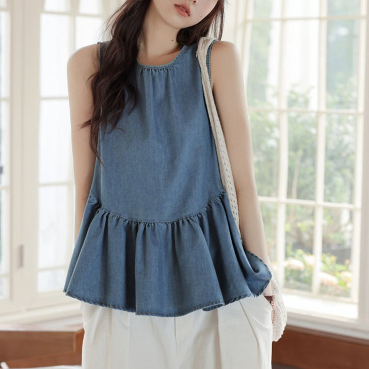 韓系ins風設計感背部繫帶牛仔背心上衣