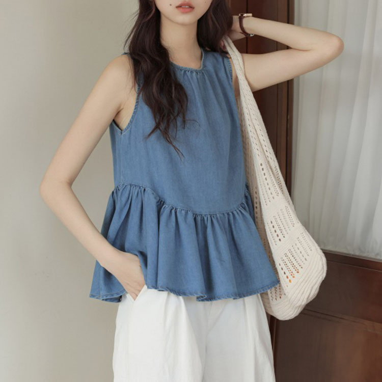 韓系ins風設計感背部繫帶牛仔背心上衣