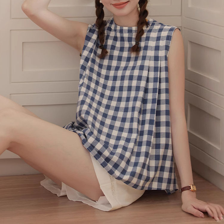 日系文藝復古木耳邊格紋短袖襯衫