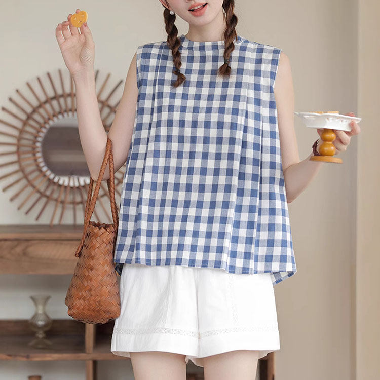 日系文藝復古木耳邊格紋短袖襯衫