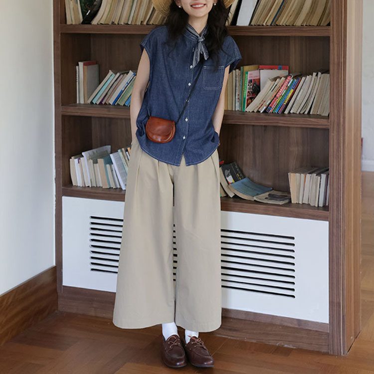 文藝薄牛仔明線設計感口袋丹寧藍無袖襯衫