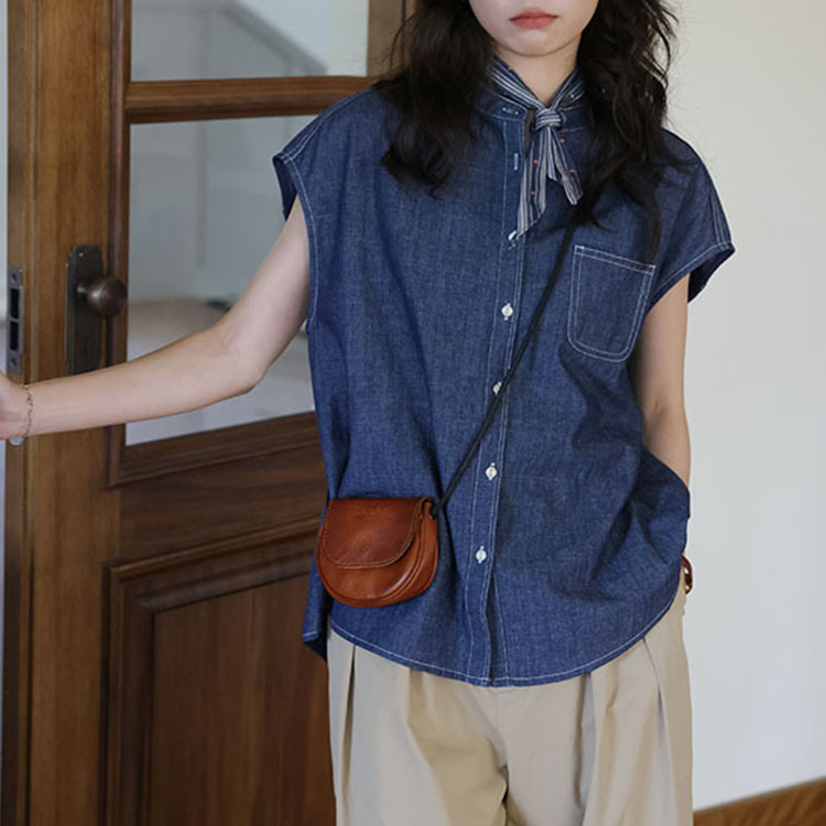 文藝薄牛仔明線設計感口袋丹寧藍無袖襯衫