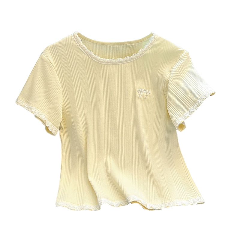 設計感圓領蕾絲拼接蝴蝶結體卹上衣