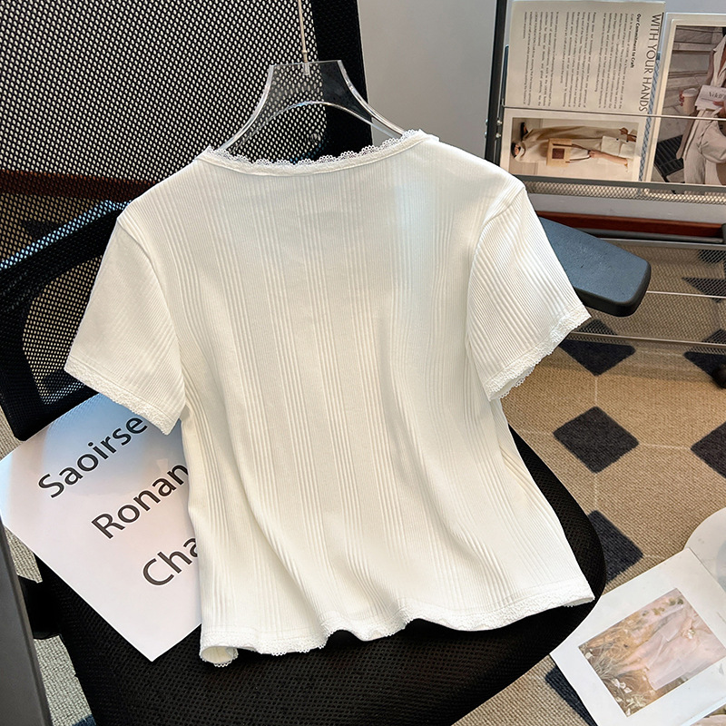 設計感圓領蕾絲拼接蝴蝶結體卹上衣