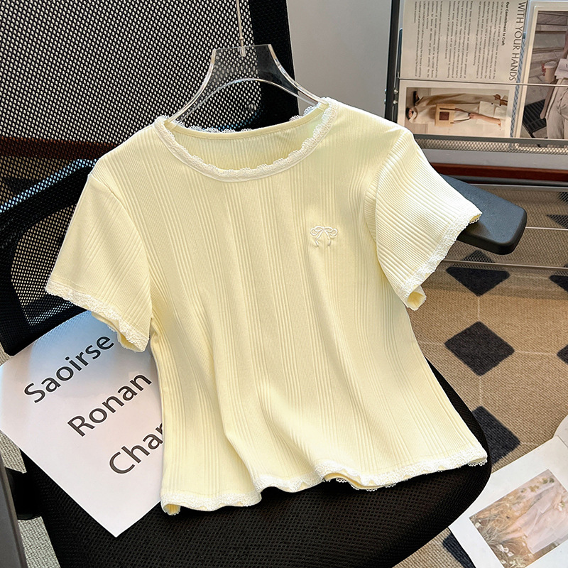 設計感圓領蕾絲拼接蝴蝶結體卹上衣