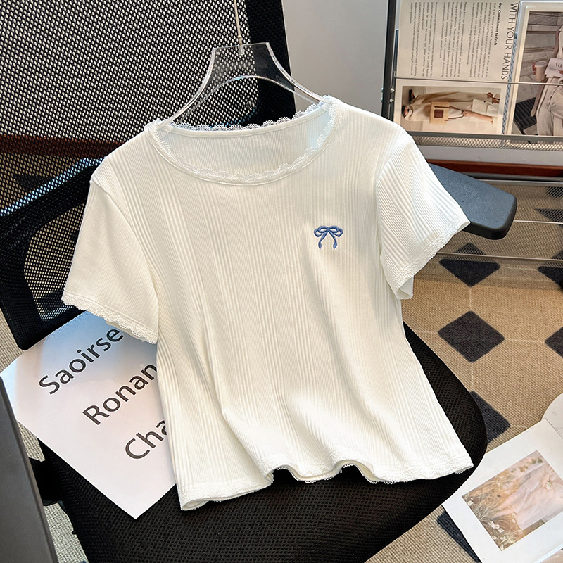 設計感圓領蕾絲拼接蝴蝶結體卹上衣