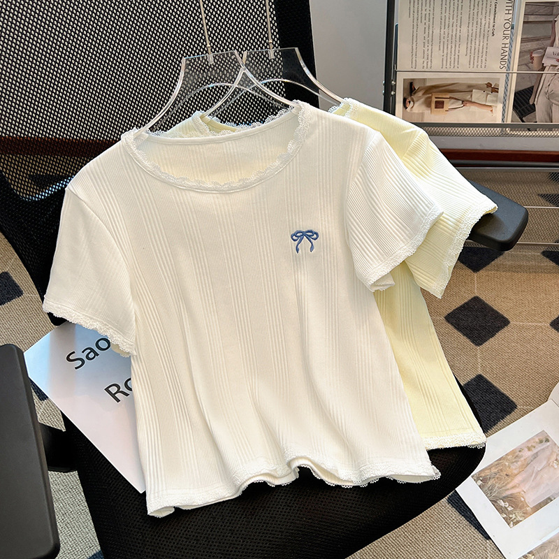 設計感圓領蕾絲拼接蝴蝶結體卹上衣