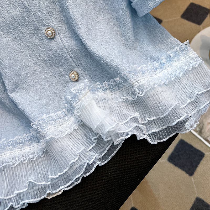 法式蕾絲花邊圓領荷葉邊短袖上衣