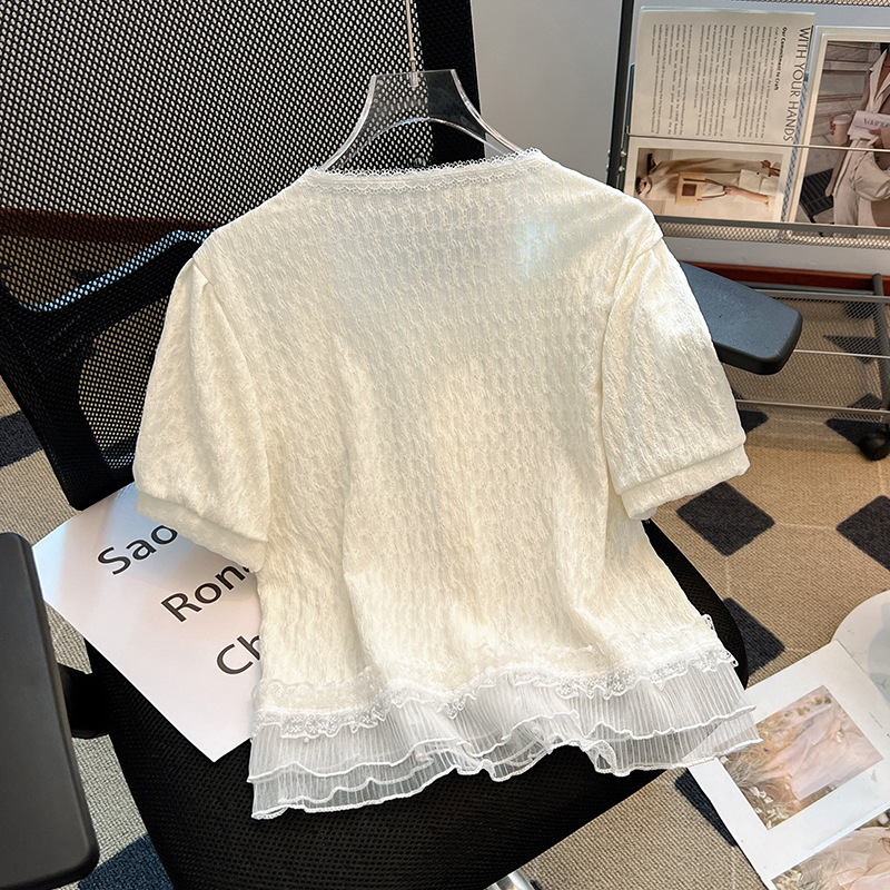 法式蕾絲花邊圓領荷葉邊短袖上衣