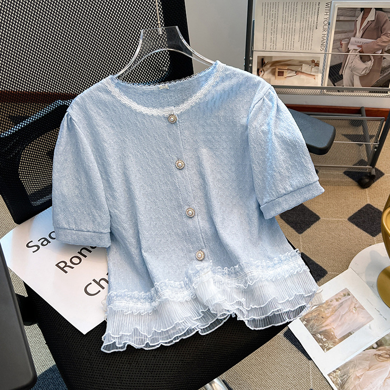 法式蕾絲花邊圓領荷葉邊短袖上衣
