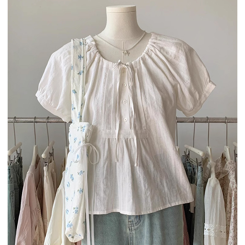 韓系棉麻娃娃領抽繩褶皺繫帶襯衫
