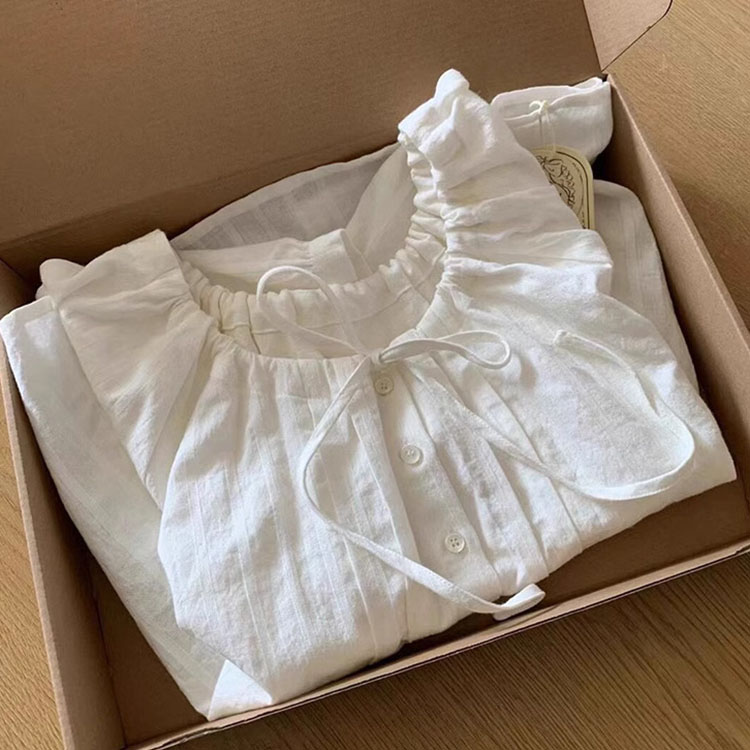 韓系棉麻娃娃領抽繩褶皺繫帶襯衫