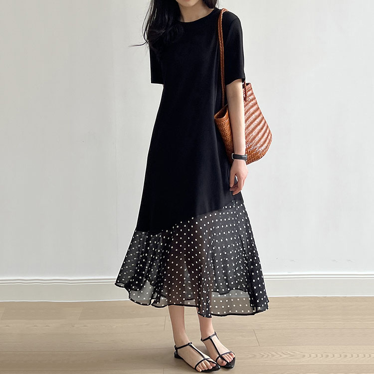 法式拼接波點魚尾洋裝