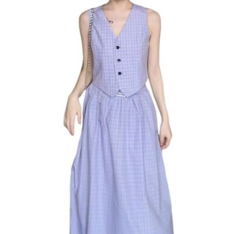 甜美清新小個子無袖格子套裝裙