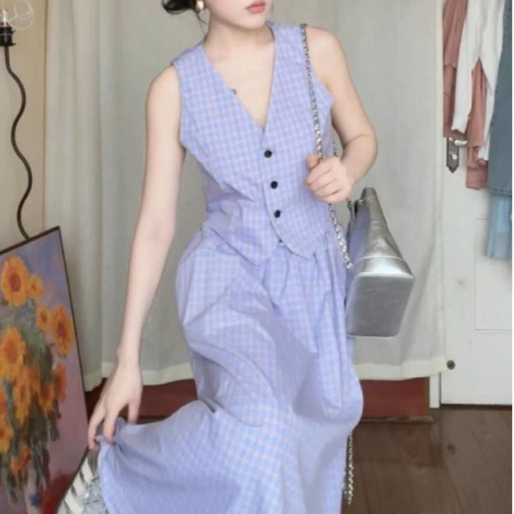甜美清新小個子無袖格子套裝裙
