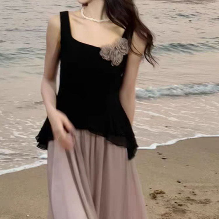 溫柔風套裝不規則無袖上衣+紫色飄逸半裙