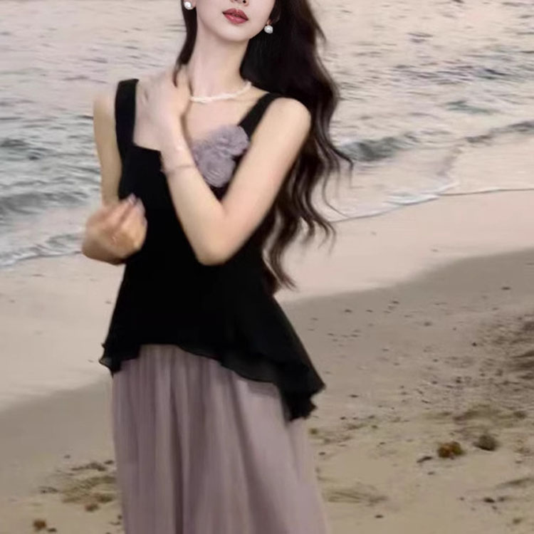 溫柔風套裝不規則無袖上衣+紫色飄逸半裙