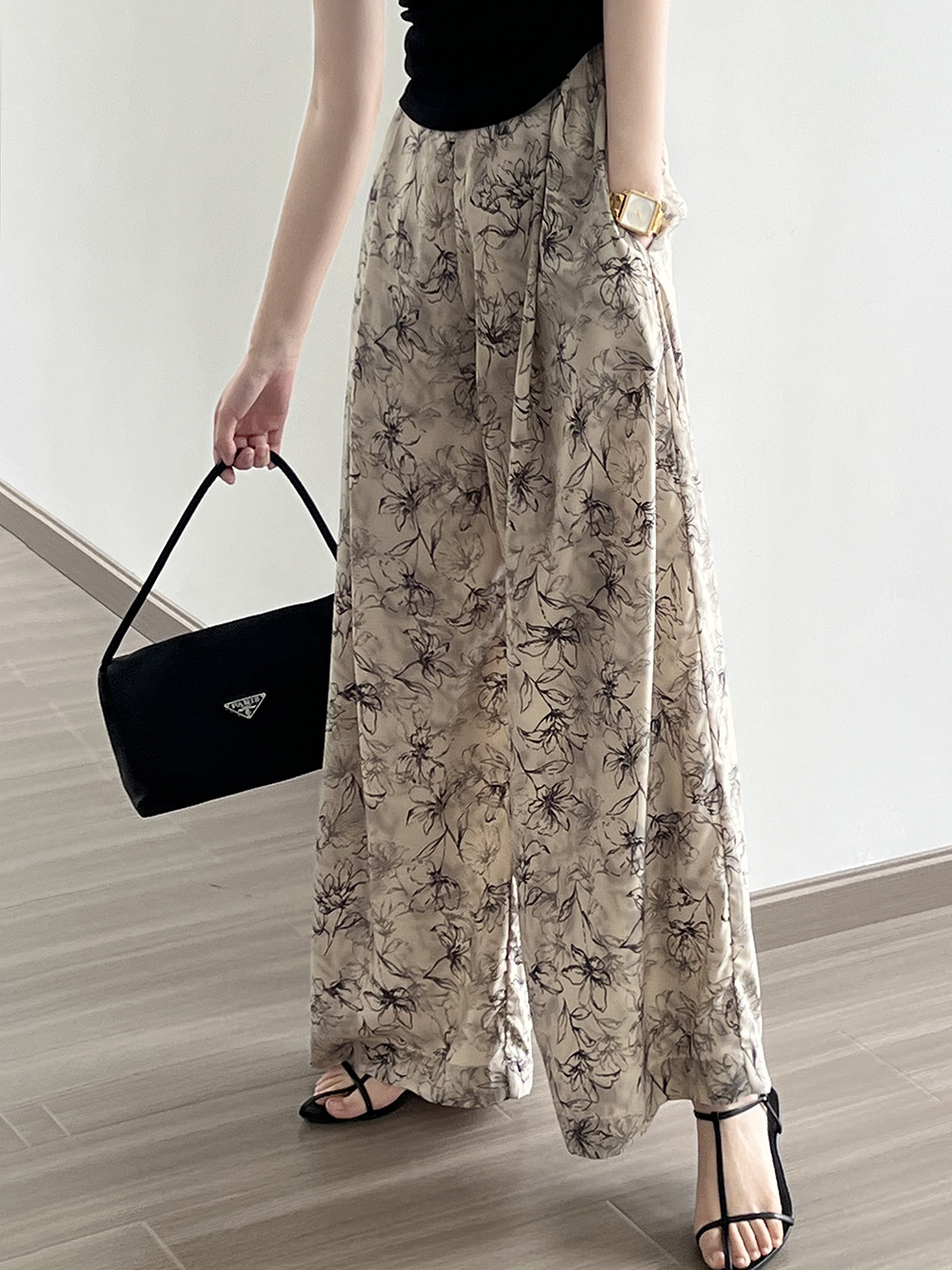 高腰顯瘦水墨印花休閑寬褲