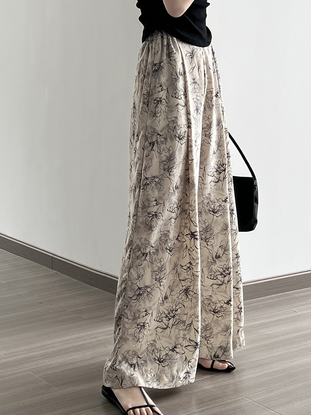 高腰顯瘦水墨印花休閑寬褲