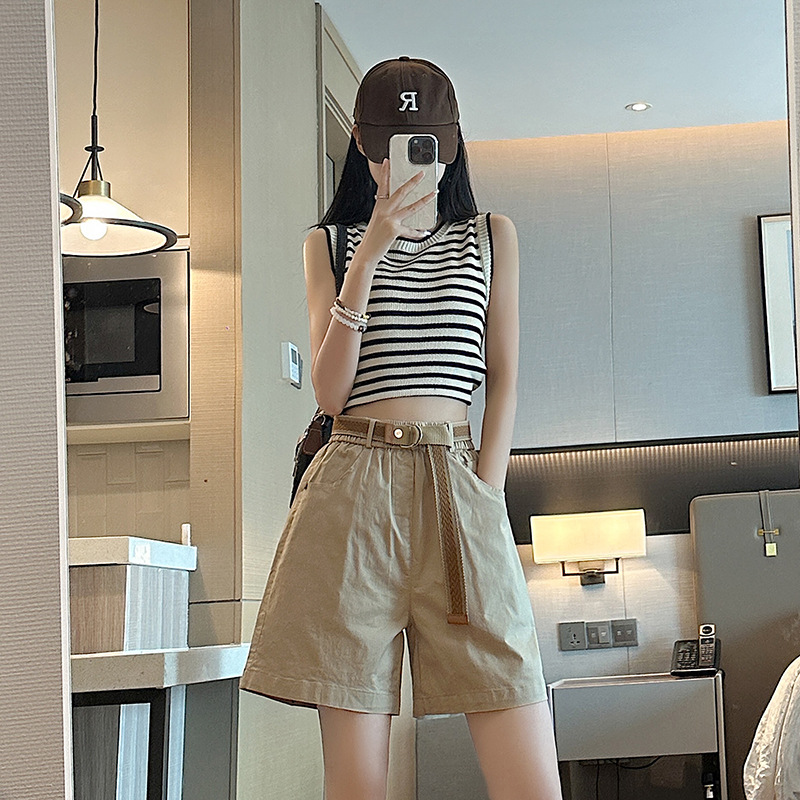 韓版休閒棉質麻闊腿工裝短褲(3色)