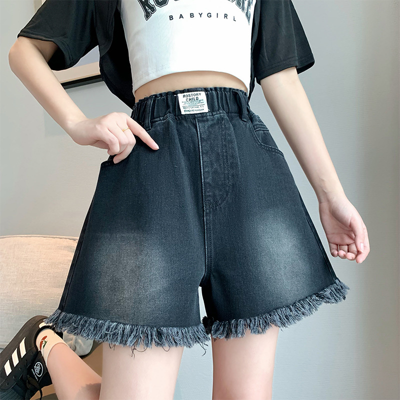 高腰寬腿顯瘦牛仔毛邊短褲