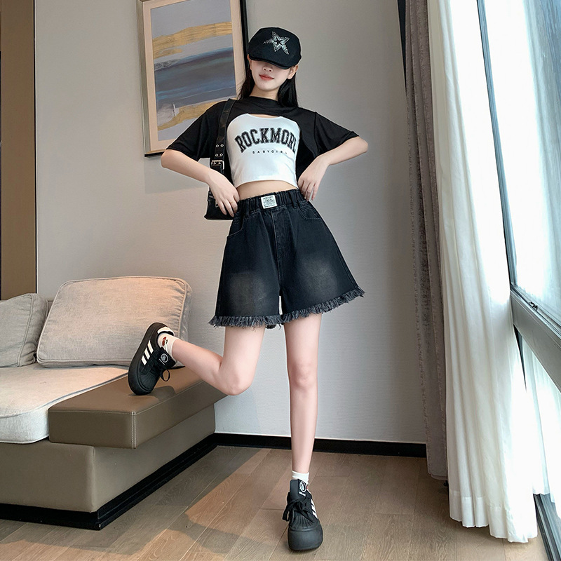 高腰寬腿顯瘦牛仔毛邊短褲