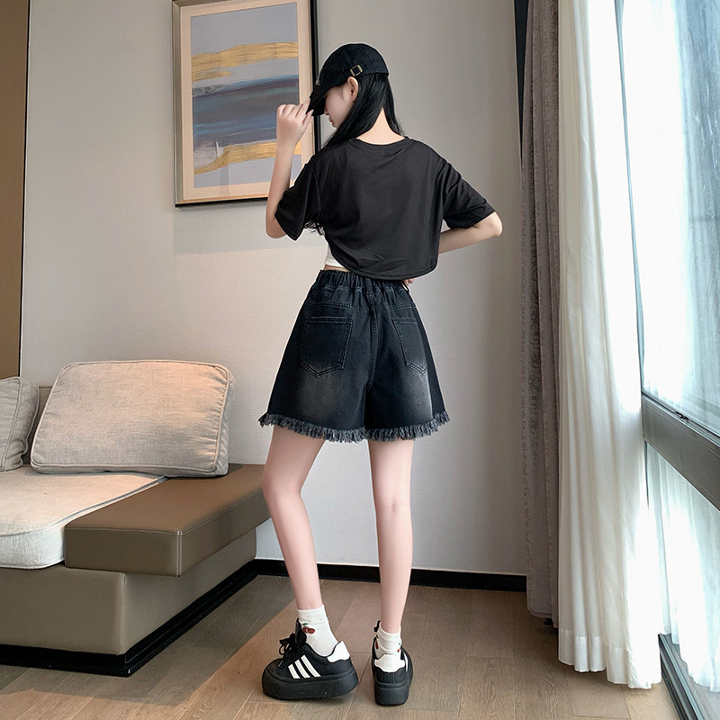 高腰寬腿顯瘦牛仔毛邊短褲