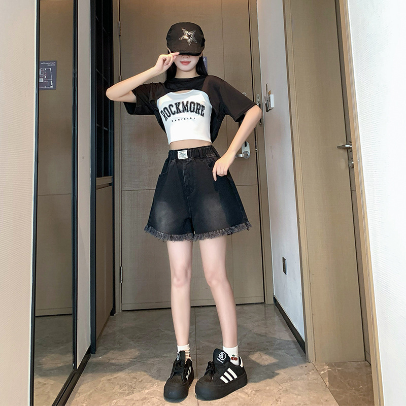 高腰寬腿顯瘦牛仔毛邊短褲