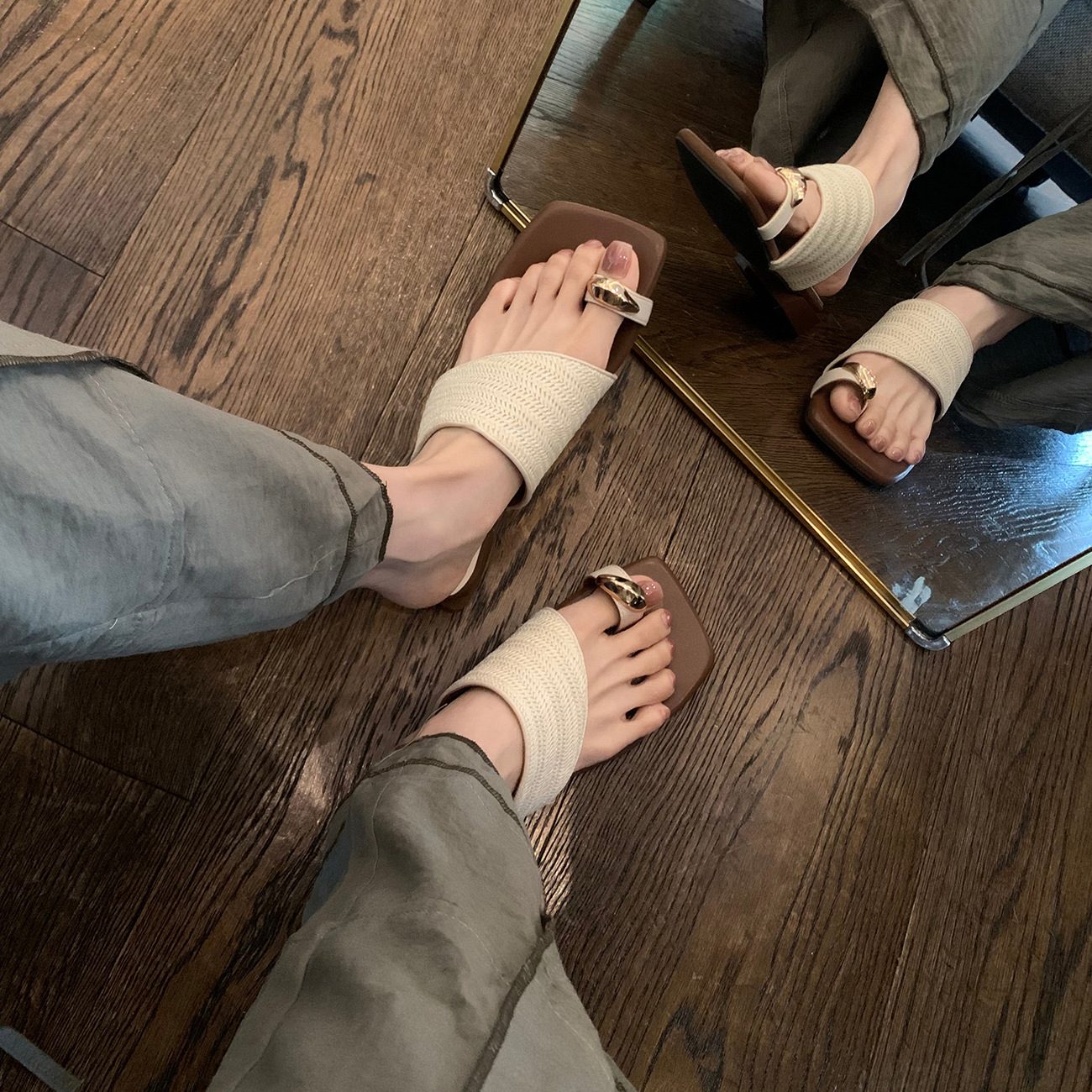 粗跟度假風草編夾趾拖鞋