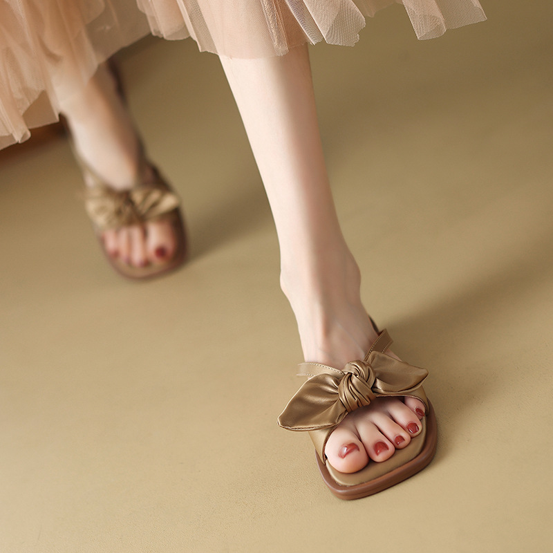 法式復古蝴蝶結綢緞拖鞋