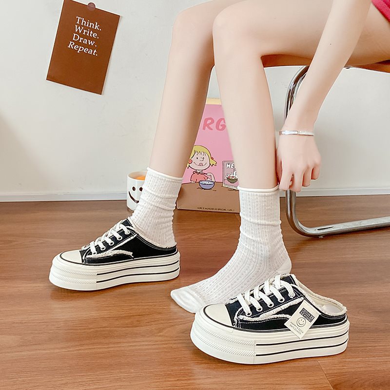 懶人一腳蹬厚底增高帆布涼鞋