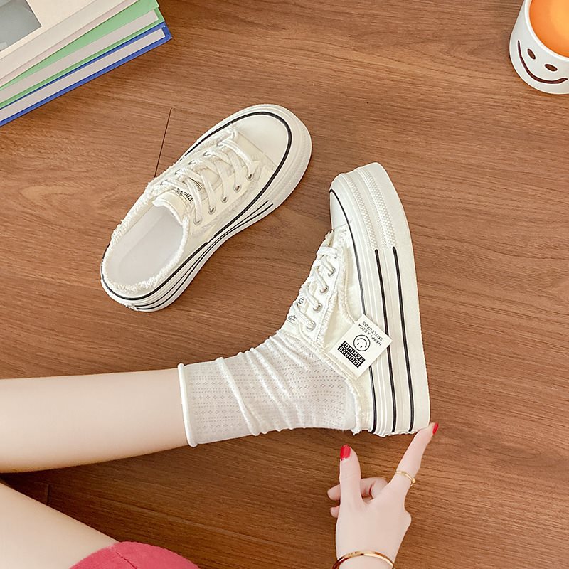 懶人一腳蹬厚底增高帆布涼鞋