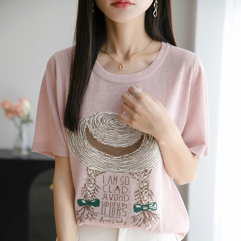 簡約印花冰絲針織短袖t卹(6色)